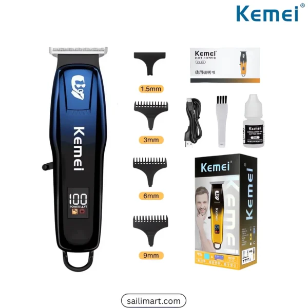 Kemei KM-J03 kit with guide combs (1mm, 2mm, 3mm), USB-C cable, and brush