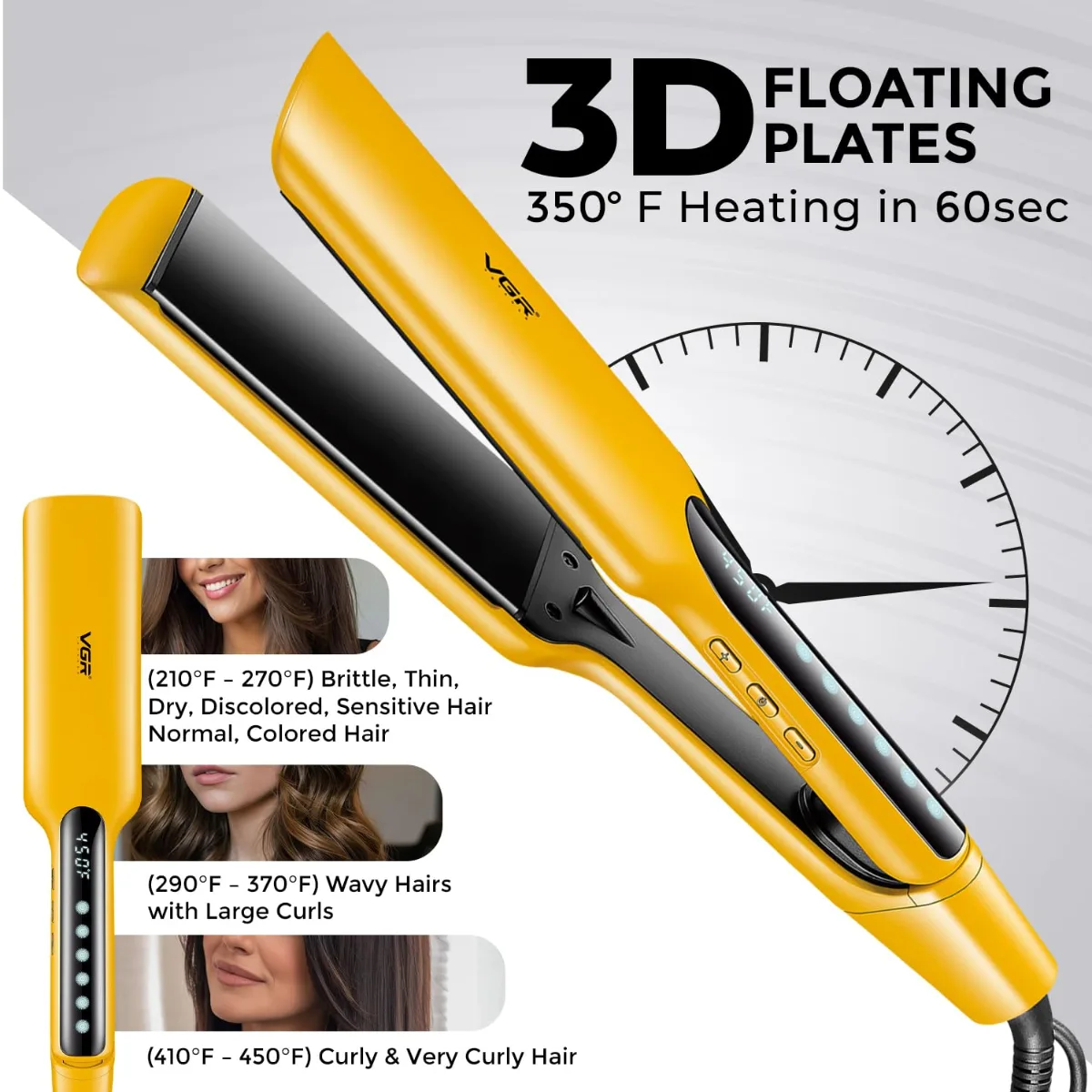 VGR V-521 Professional Hair Straightener - 50x120mm Ceramic Coating Plates, Max 450°F Heat, LED Display, Multiple Temperature Settings, 2.0m Swivel Cord, Fast Heating Styling Tool for Women & Salon Use