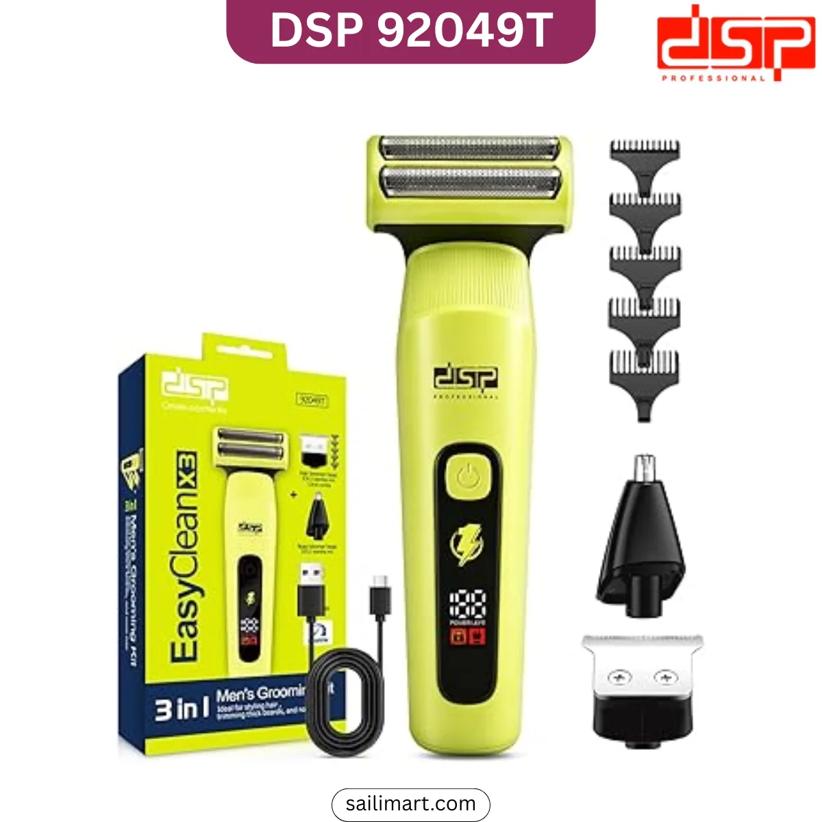 DSP 92049T 3-in-1 grooming kit with hair trimmer, foil shaver, nose trimmer, LED display, and USB Type-C charging.