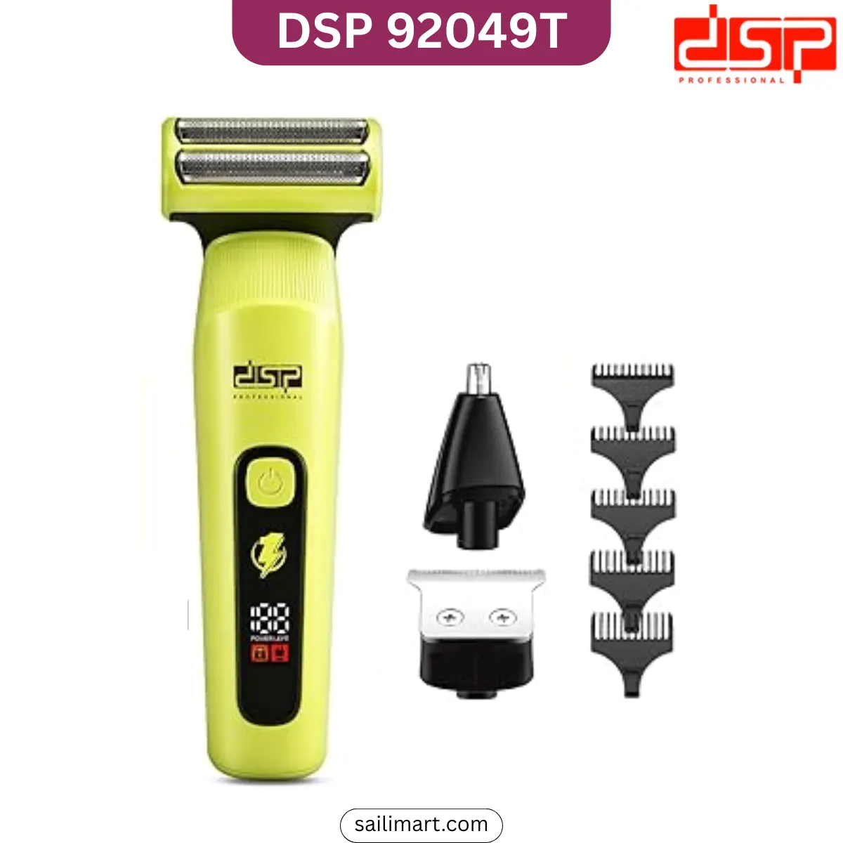 DSP 92049T 3-in-1 grooming kit with hair trimmer, foil shaver, nose trimmer, LED display, and USB Type-C charging.