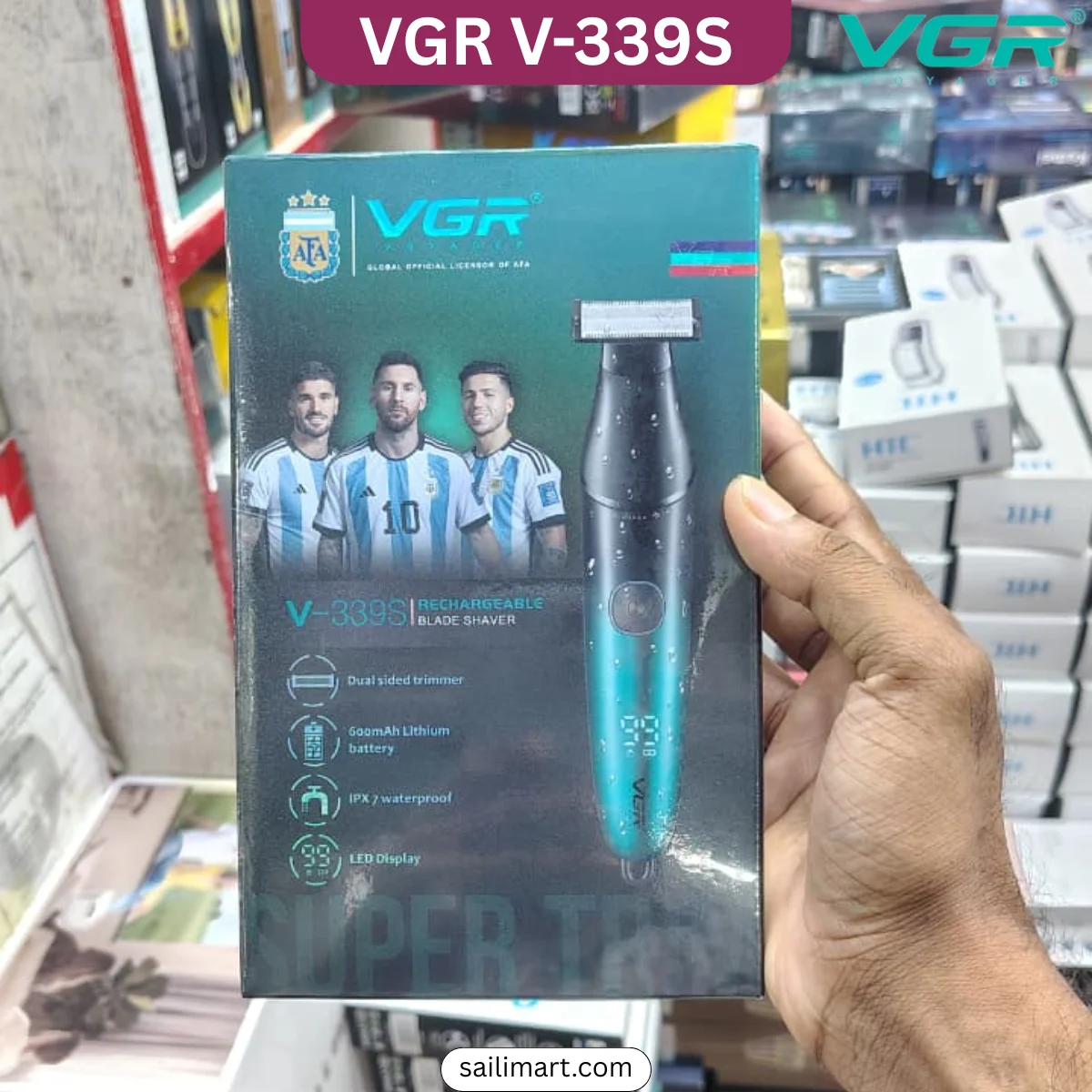VGR V-339S foil shaver with dual-sided stainless steel blade, LED display, USB charging, and IPX7 waterproof design.