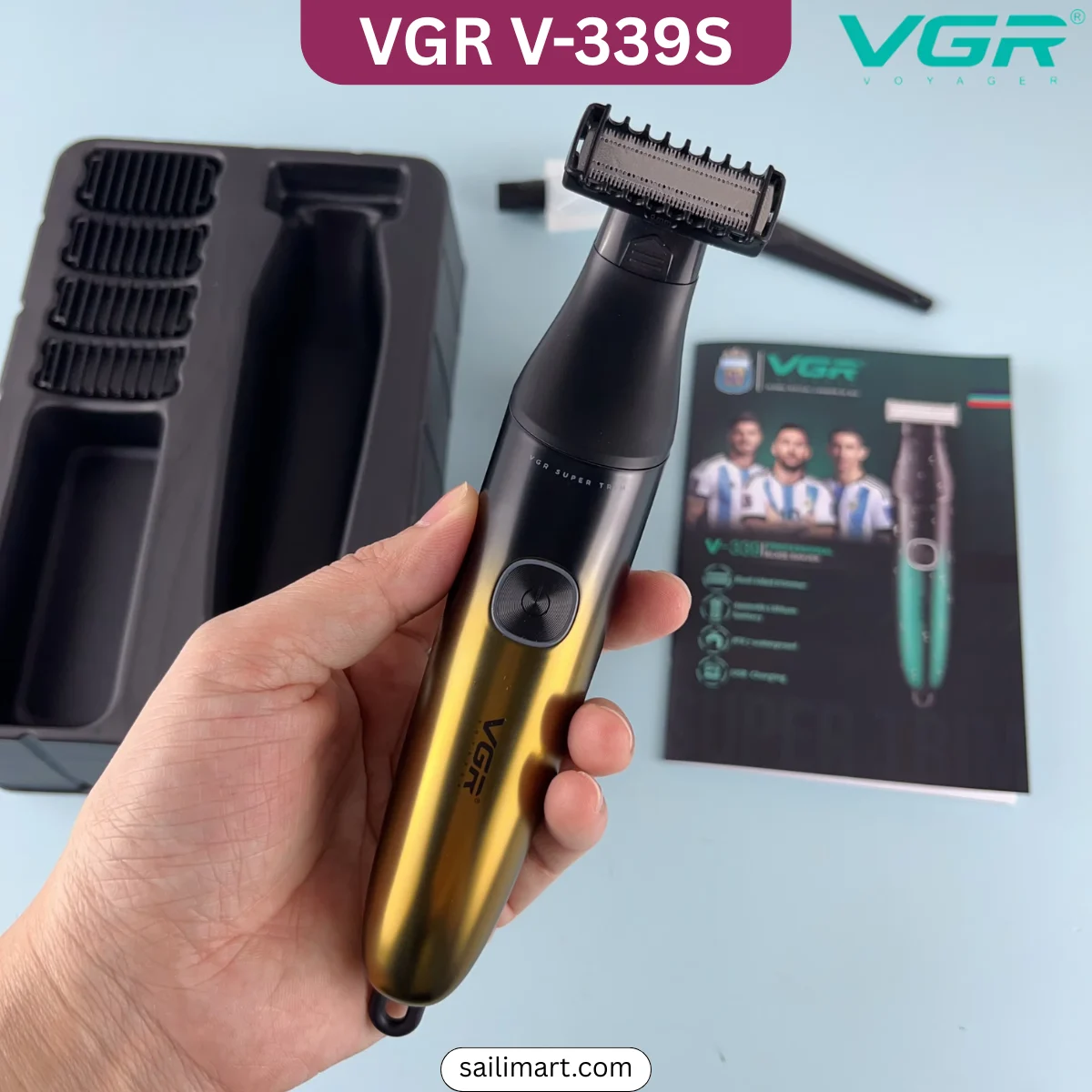 VGR V-339S foil shaver with dual-sided stainless steel blade, LED display, USB charging, and IPX7 waterproof design.