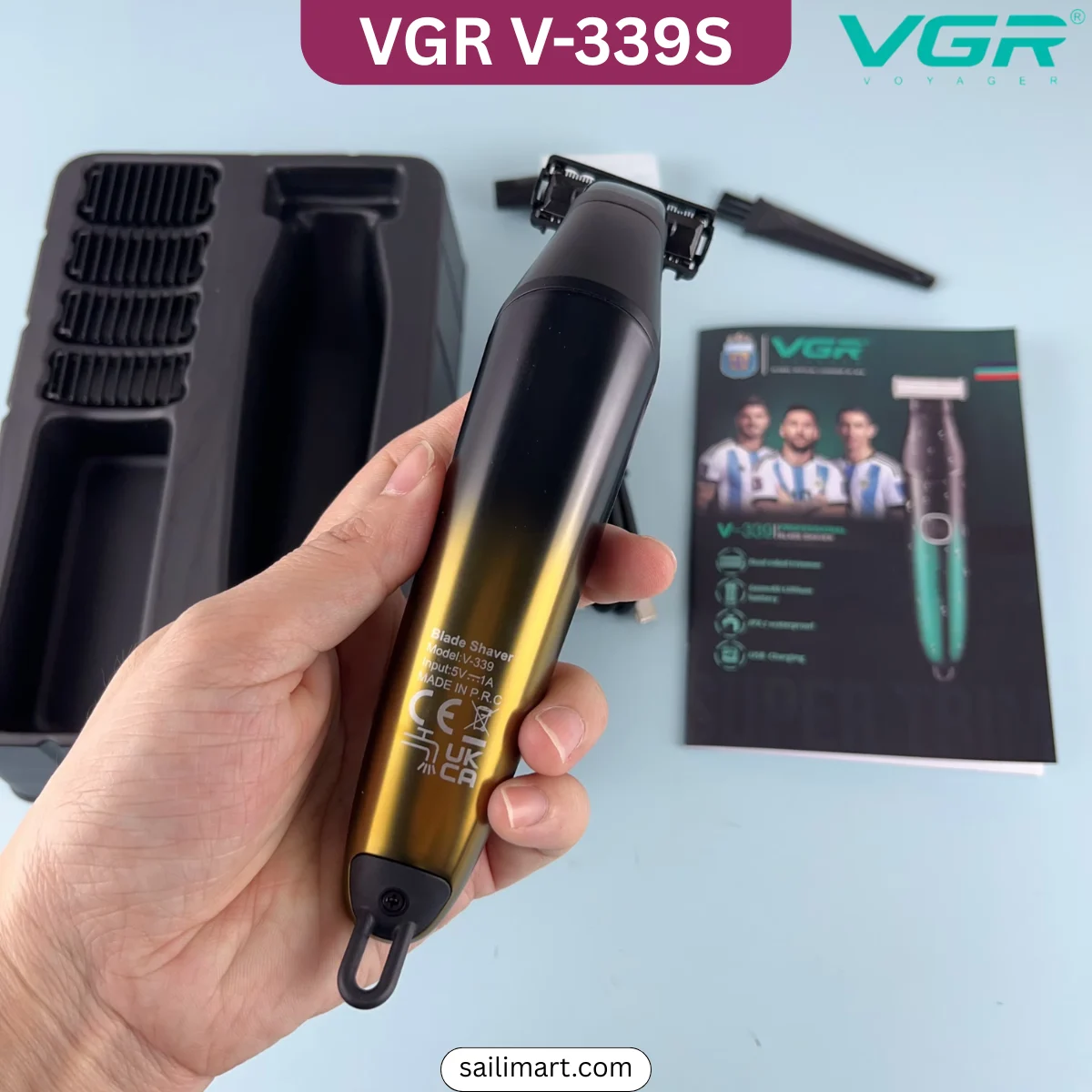 VGR V-339S foil shaver with dual-sided stainless steel blade, LED display, USB charging, and IPX7 waterproof design.