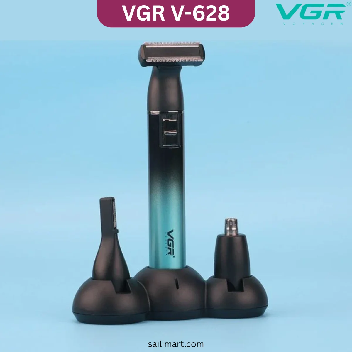 VGR V-628 3-in-1 professional grooming kit with T-blade, nose and ear trimmer, precision detail head, guide combs, and USB Type-C charging.