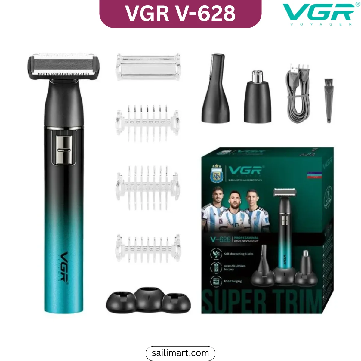 VGR V-628 3-in-1 professional grooming kit with T-blade, nose and ear trimmer, precision detail head, guide combs, and USB Type-C charging.