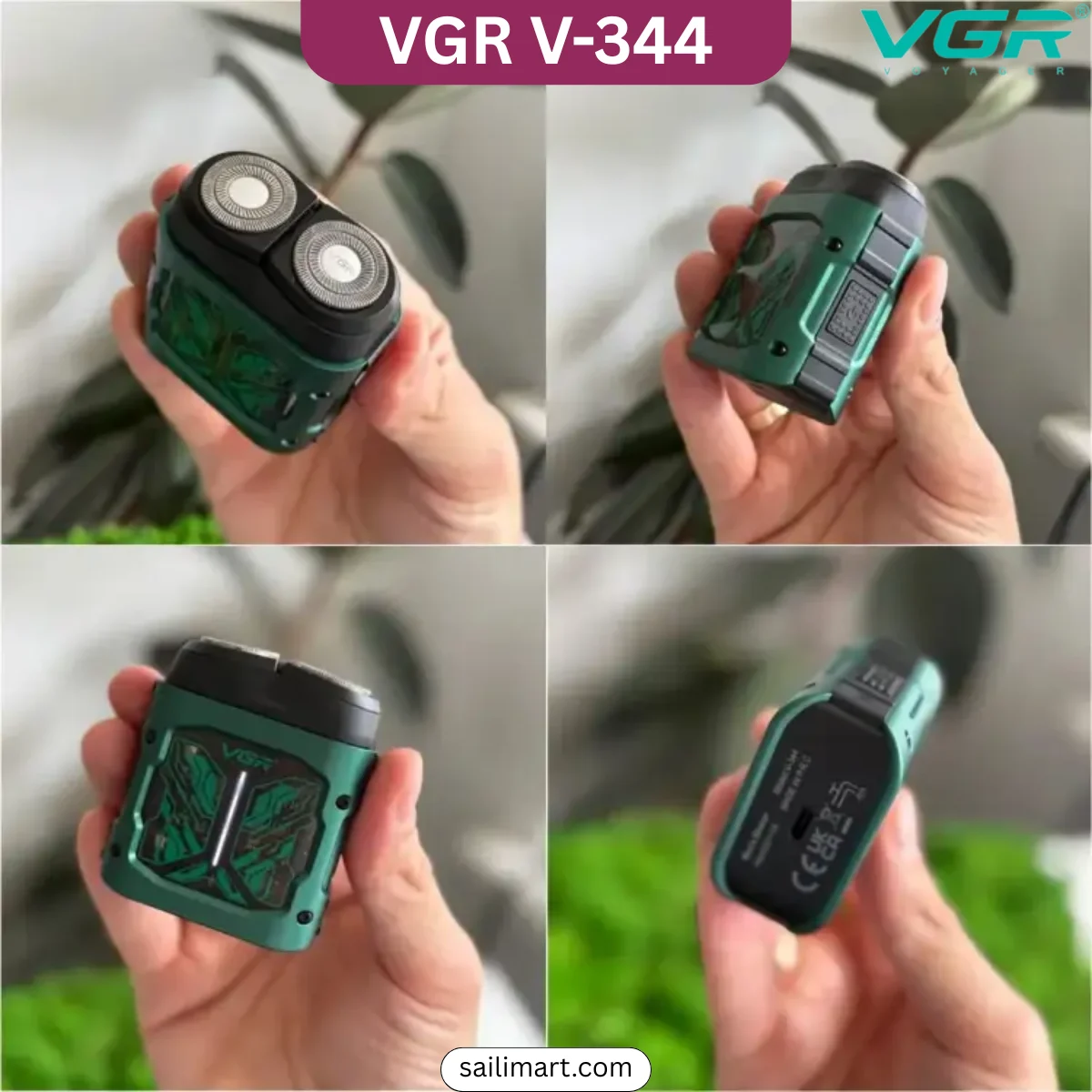 VGR V-344 Mini Electric Rotary Shaver with dual magnetic heads, 8000 RPM motor, USB Type-C charging and IPX6 waterproof design.