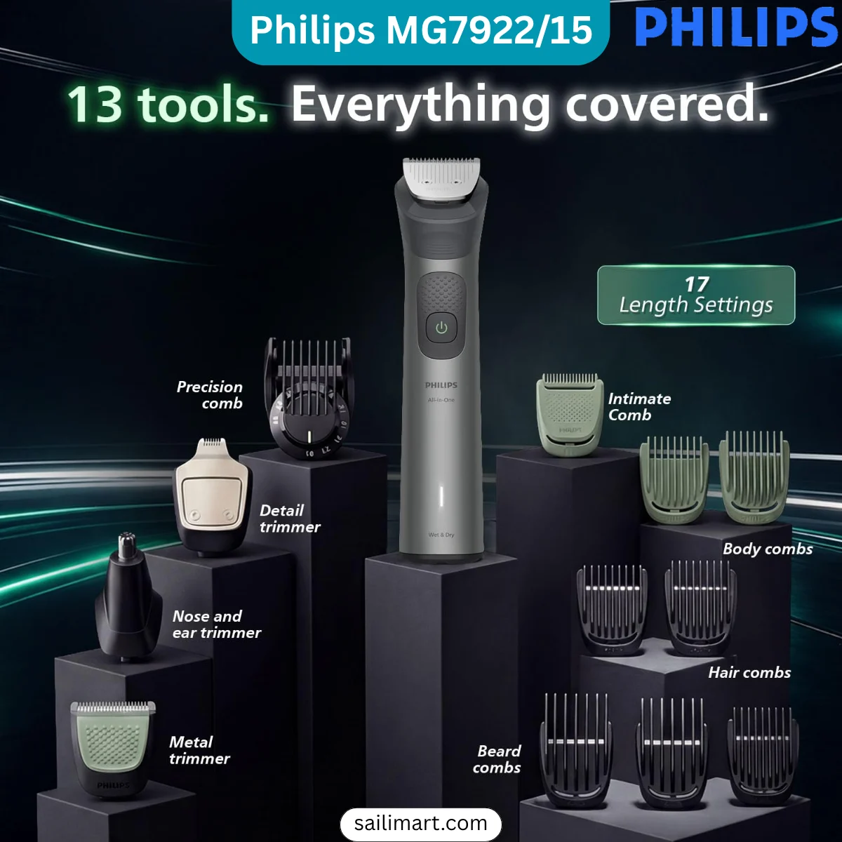 Philips MG7922/15 All-in-One Trimmer 7000 Series 13-in-1 grooming kit with multiple trimming attachments and combs