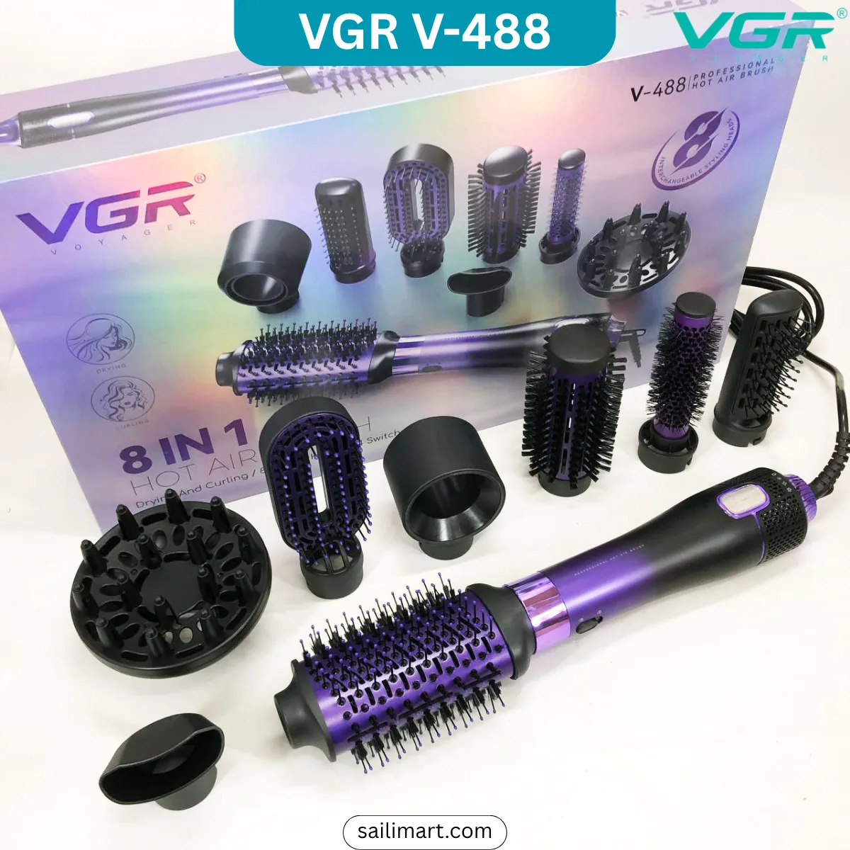 VGR V-488 Professional 8-in-1 Hot Air Brush Hair Styler Black Blue Color