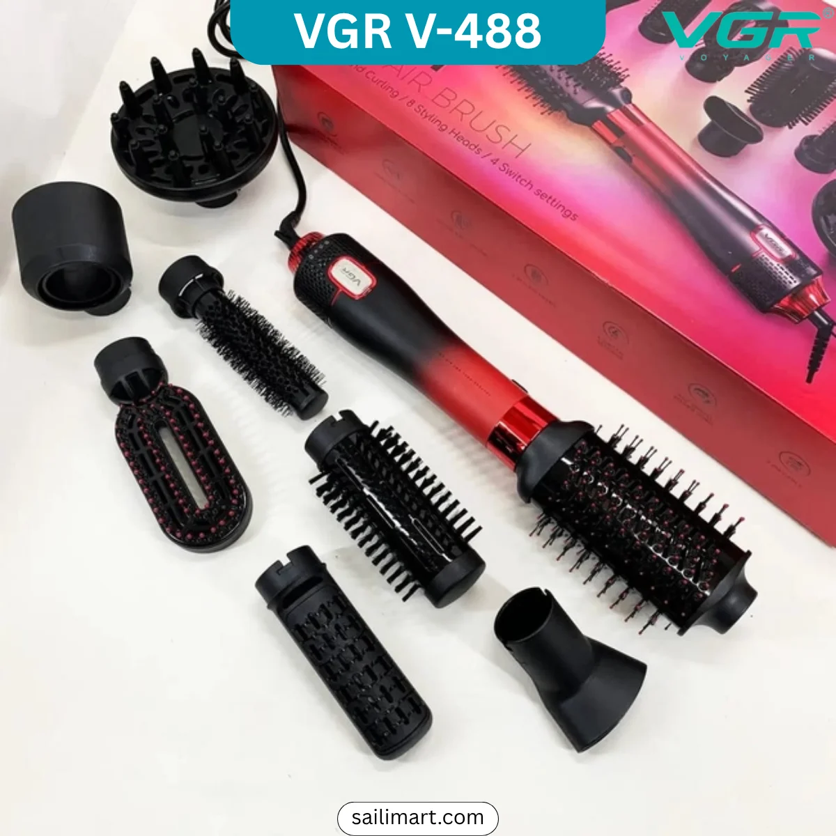 VGR V-488 Professional 8-in-1 Hot Air Brush Hair Styler Black Red Color